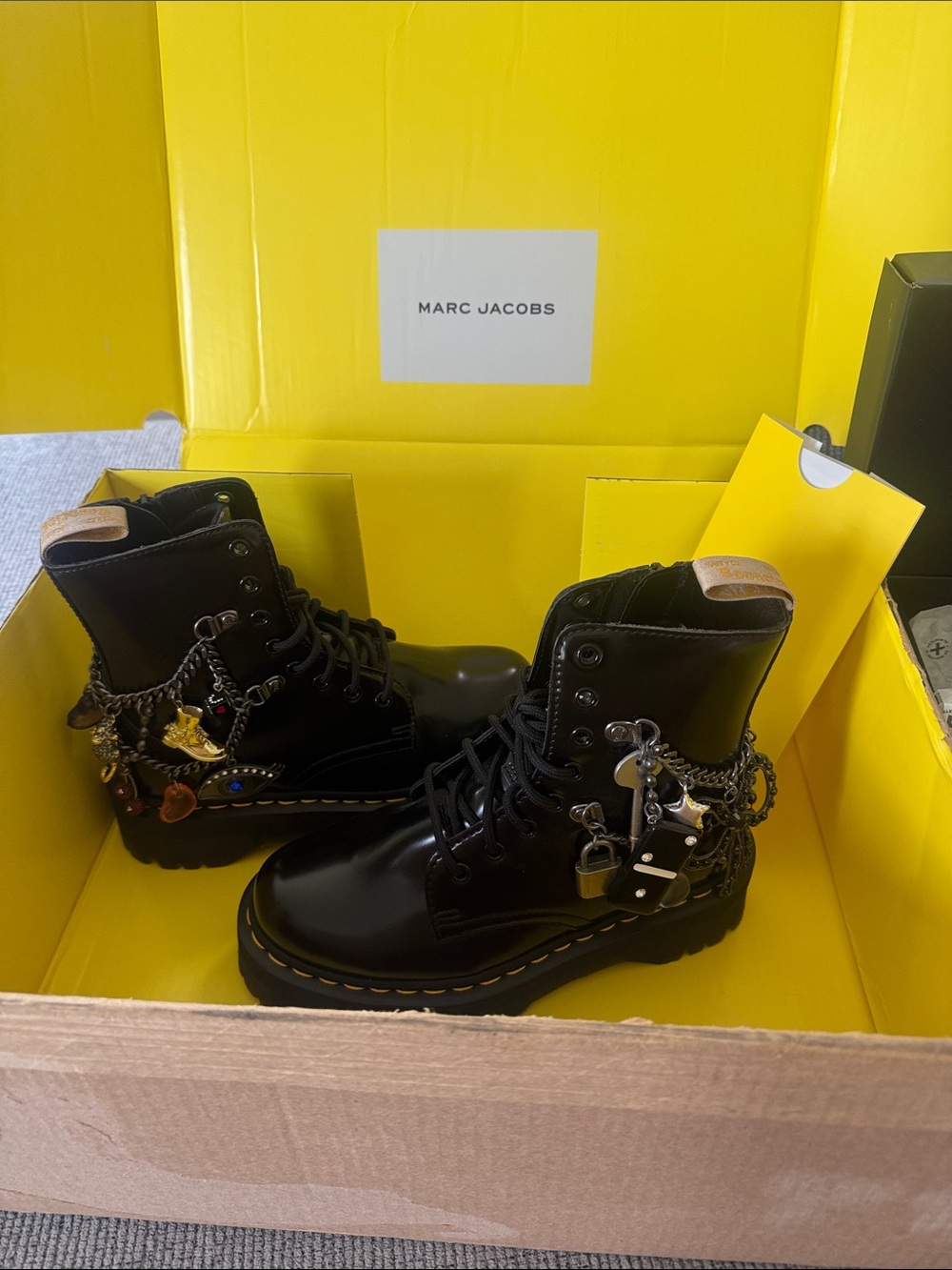 Marc Jacobs X Dr. Martens Black Leather Lace-Up Charm Combat Boots - Picture 6 of 16